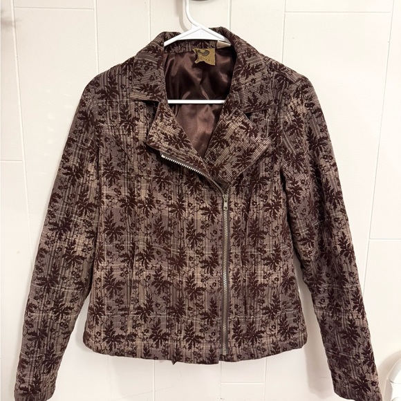 Vintage Y2K Tsunami Brown Plaid Leaf Velvet Moto Jacket Women S Fall Academia - Picture 1 of 10